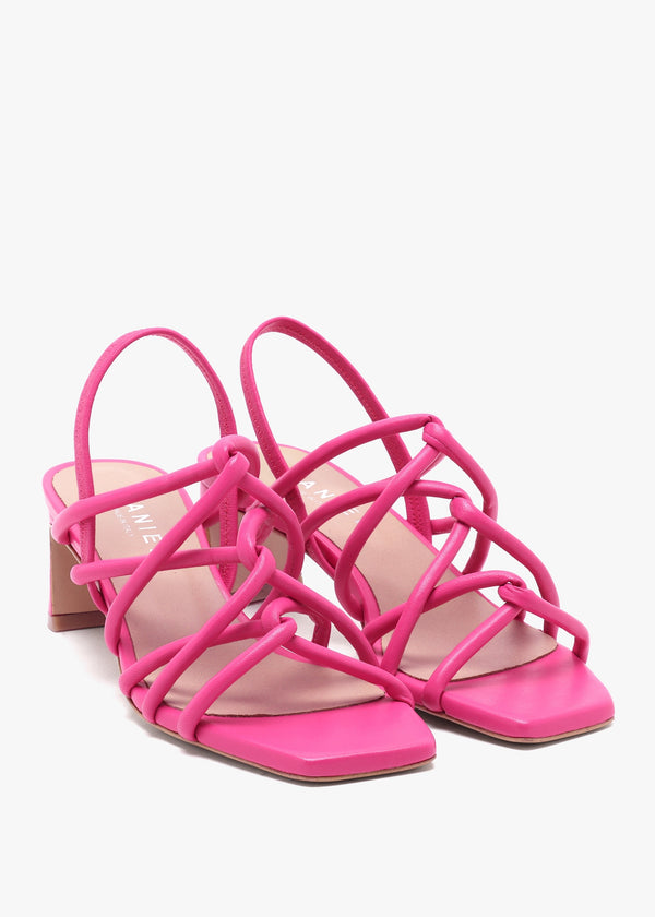 Sanuma Fuchsia Leather Mini Pillow Strap Heeled Sandals