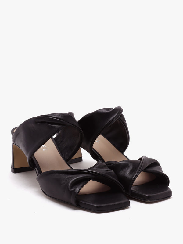 Suma Black Leather Twist Strap Mid Heel Mules
