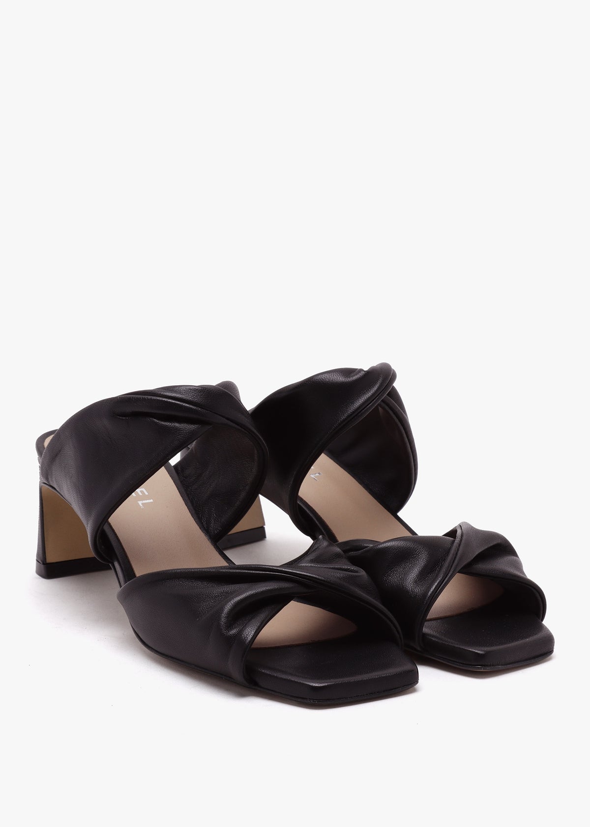 Suma Black Leather Twist Strap Mid Heel Mules