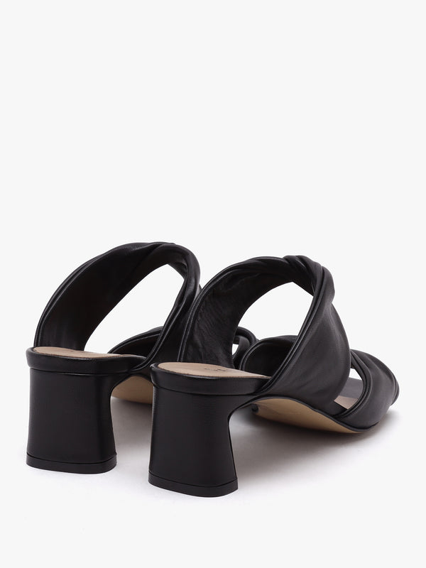 Suma Black Leather Twist Strap Mid Heel Mules