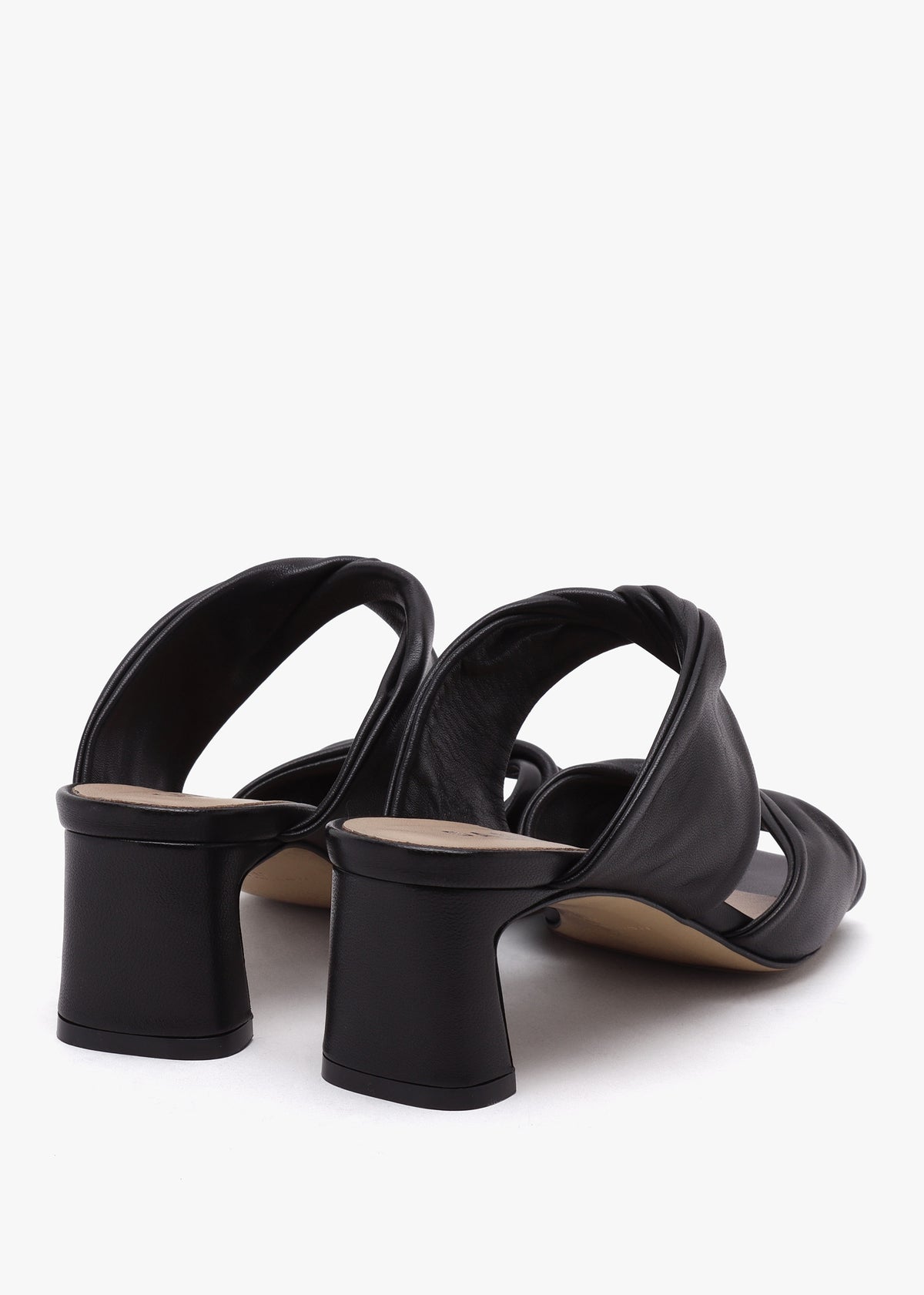 Suma Black Leather Twist Strap Mid Heel Mules