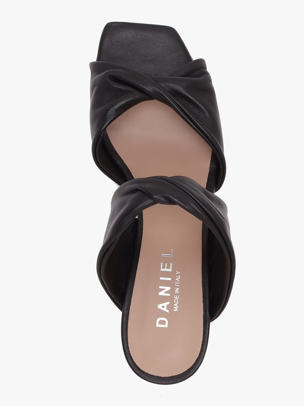 Suma Black Leather Twist Strap Mid Heel Mules
