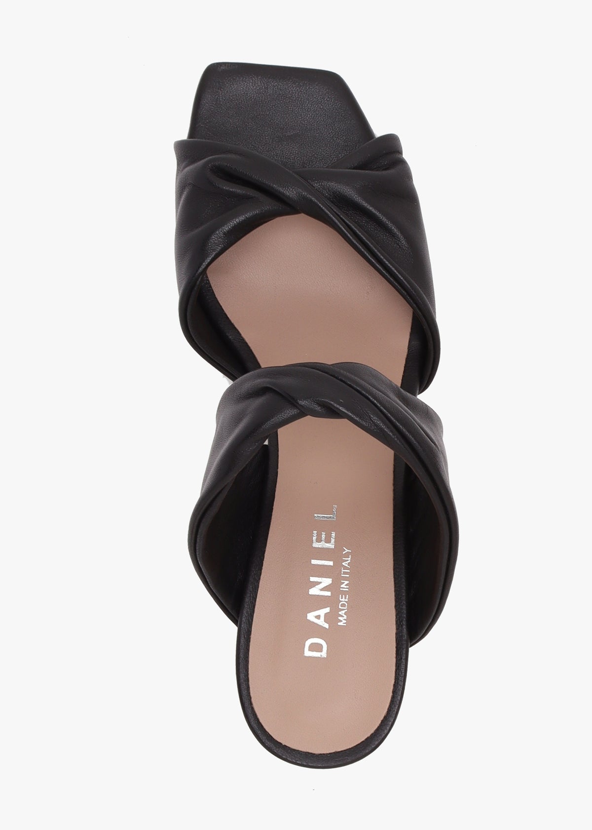 Suma Black Leather Twist Strap Mid Heel Mules