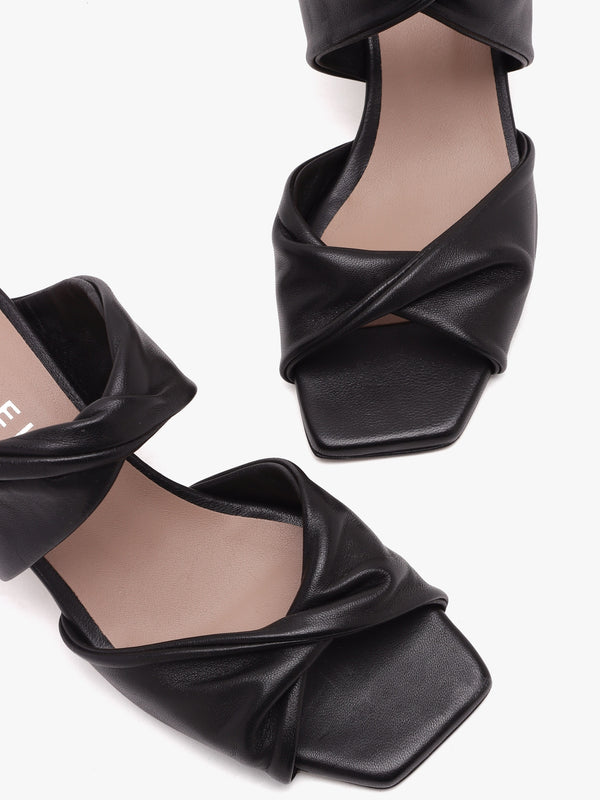 Suma Black Leather Twist Strap Mid Heel Mules
