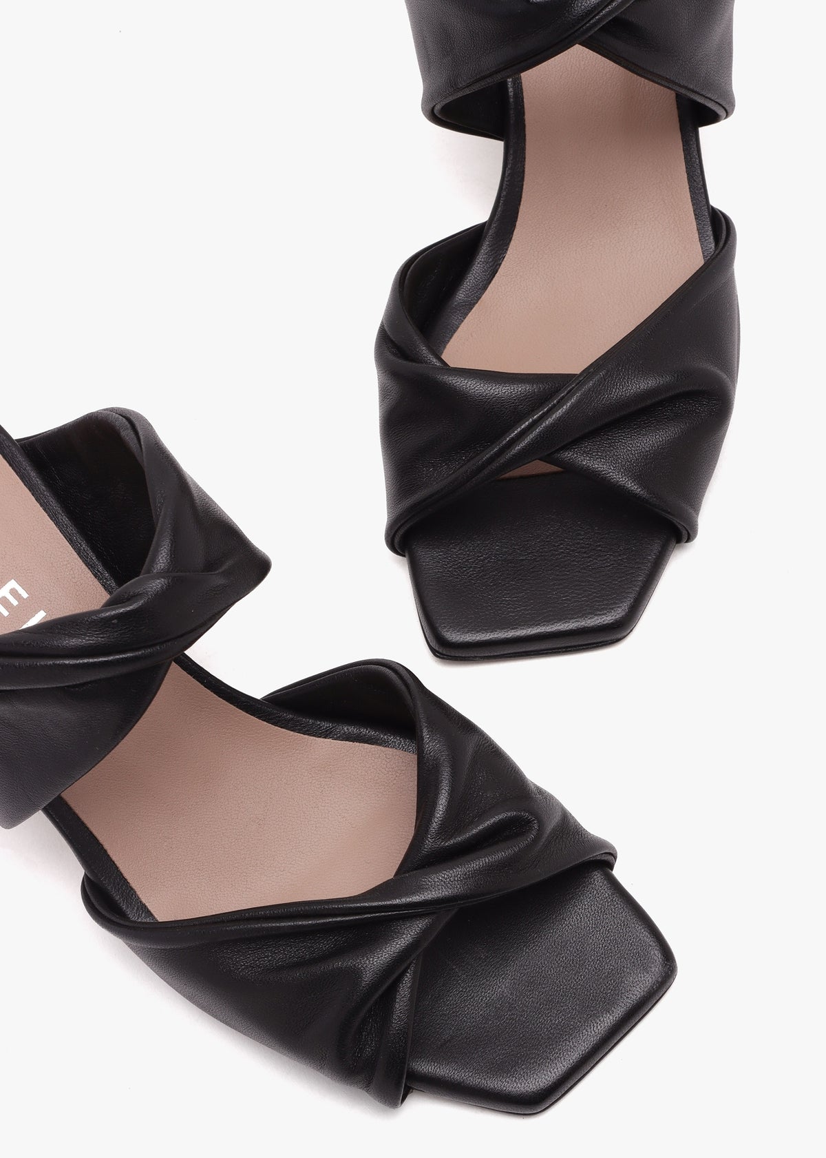 Suma Black Leather Twist Strap Mid Heel Mules