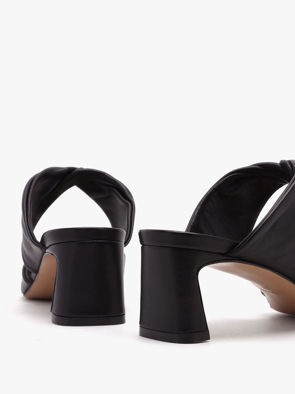 Suma Black Leather Twist Strap Mid Heel Mules