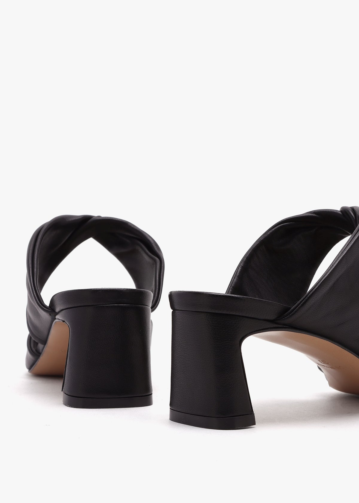 Suma Black Leather Twist Strap Mid Heel Mules