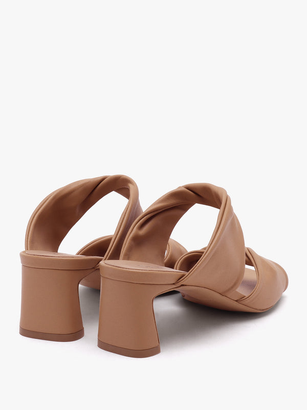 Suma Tan Leather Twist Strap Mid Heel Mules