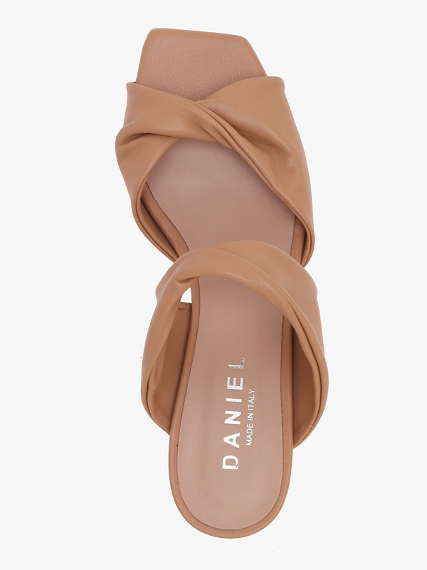 Suma Tan Leather Twist Strap Mid Heel Mules