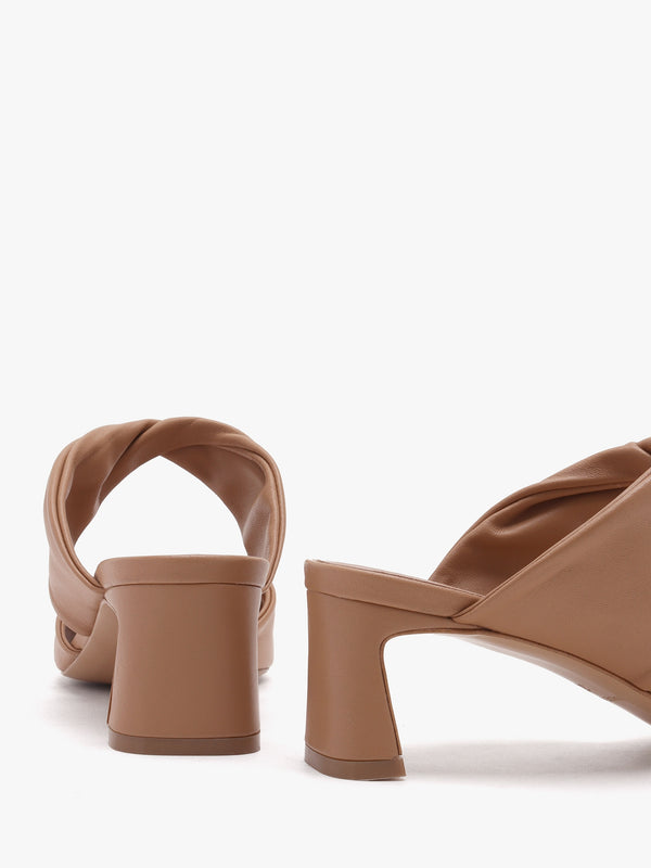 Suma Tan Leather Twist Strap Mid Heel Mules
