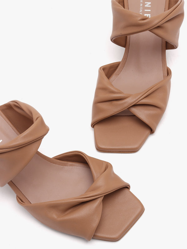 Suma Tan Leather Twist Strap Mid Heel Mules
