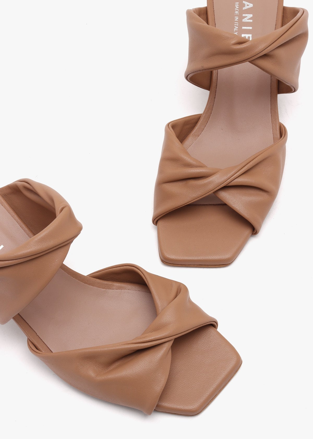 Suma Tan Leather Twist Strap Mid Heel Mules