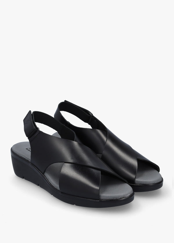 Nabi Black Leather Sling Back Low Wedge Sandals