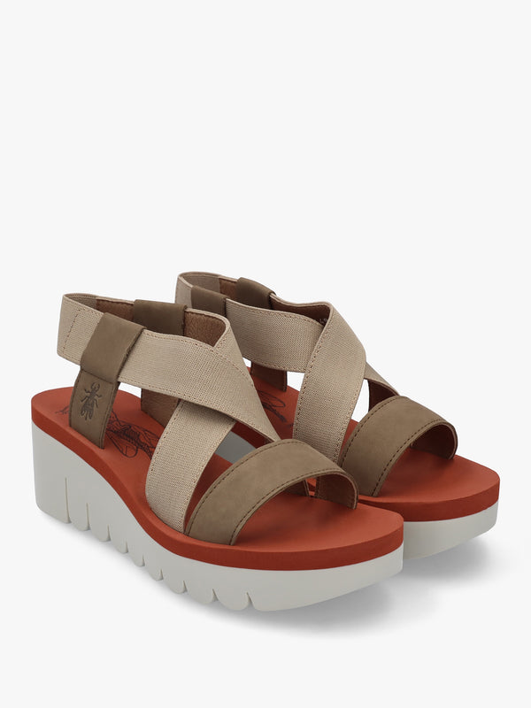 Yabi Multi Beige Brick Leather Mid Wedge Sandals
