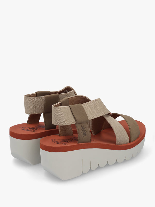 Yabi Multi Beige Brick Leather Mid Wedge Sandals