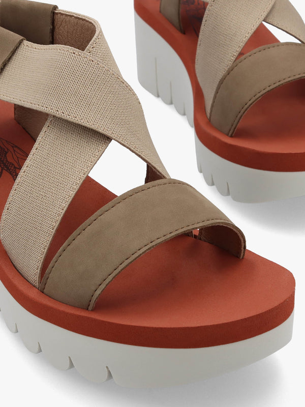 Yabi Multi Beige Brick Leather Mid Wedge Sandals