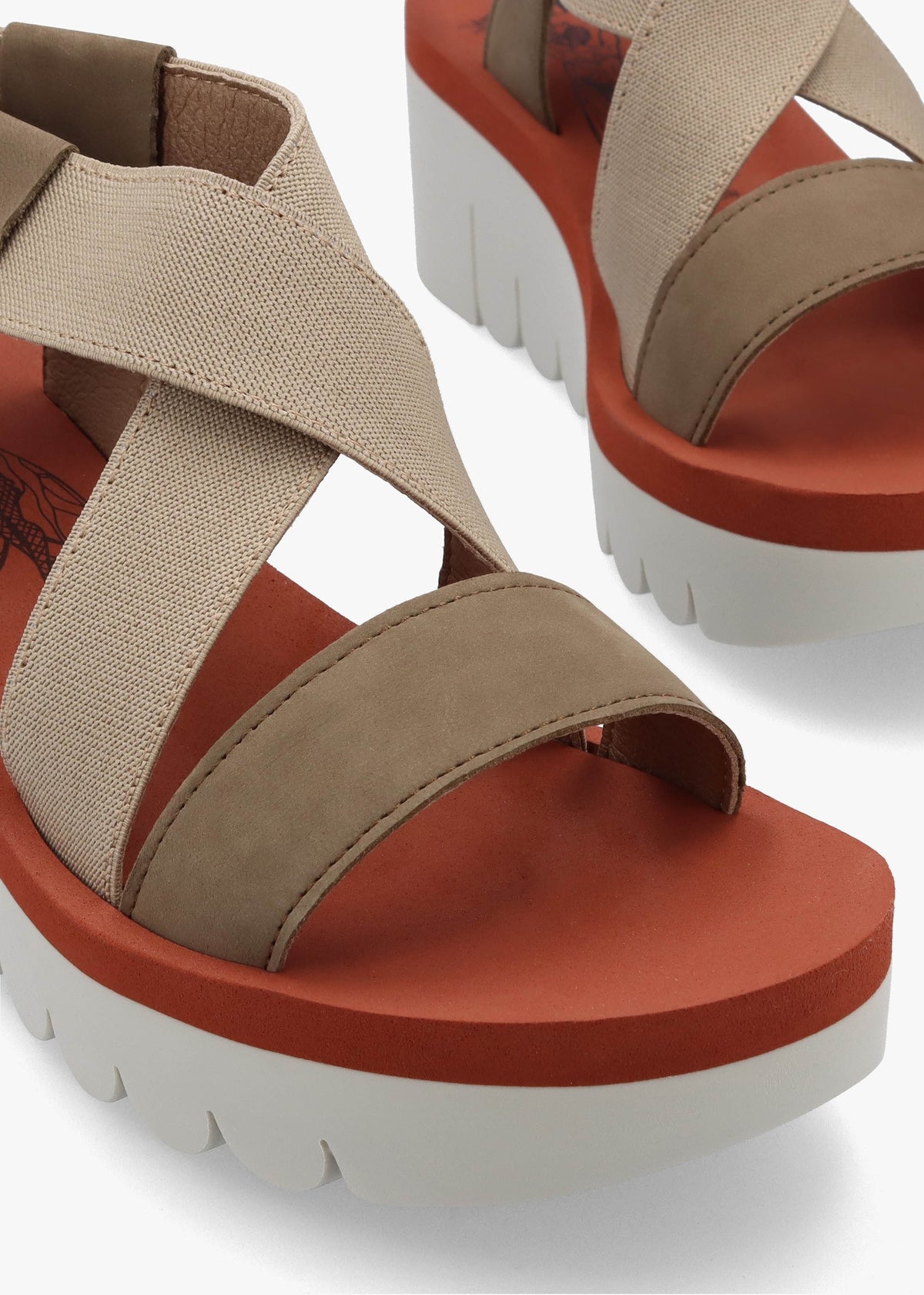 Yabi Multi Beige Brick Leather Mid Wedge Sandals