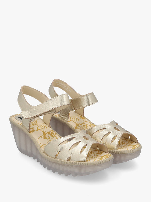 Yazi Gold Leather Wedge Sandals