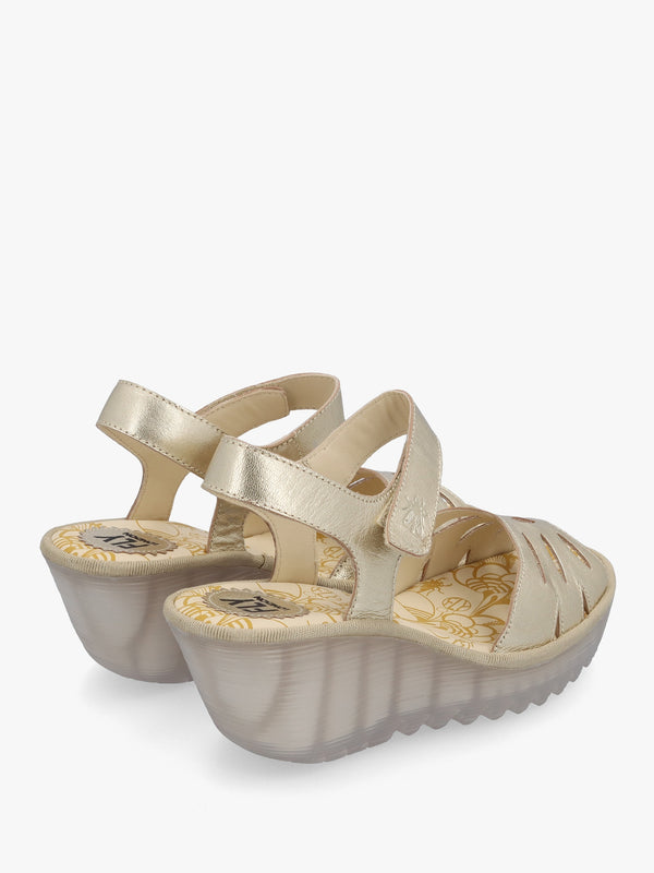 Yazi Gold Leather Wedge Sandals
