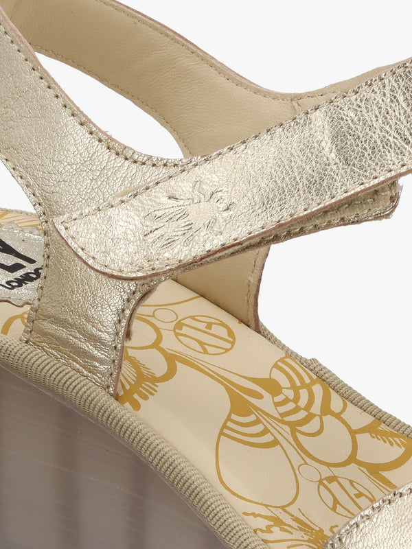 Yazi Gold Leather Wedge Sandals