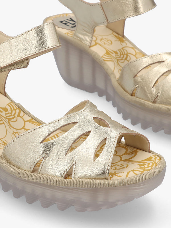 Yazi Gold Leather Wedge Sandals