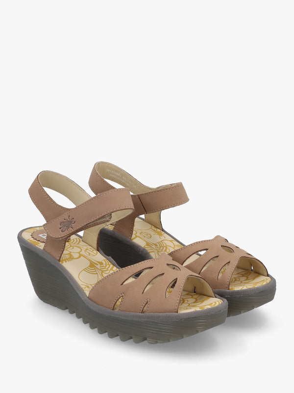 Yazi Taupe Leather Wedge Sandals