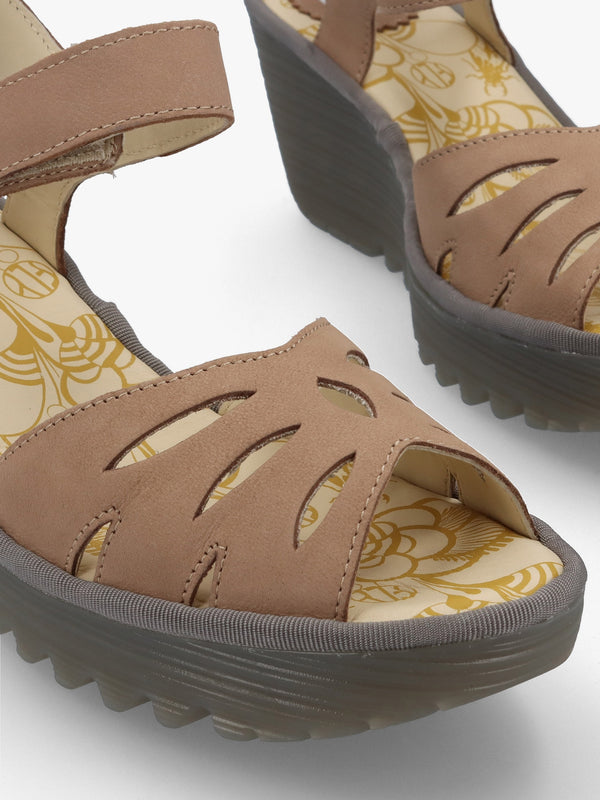 Yazi Taupe Leather Wedge Sandals