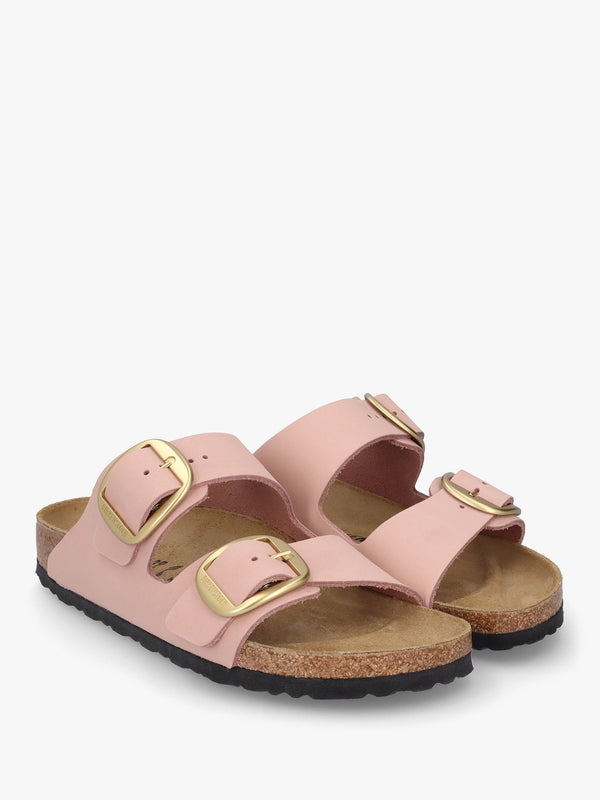 Arizona Big Buckle Soft Pink Nubuck Leather Two Bar Mules