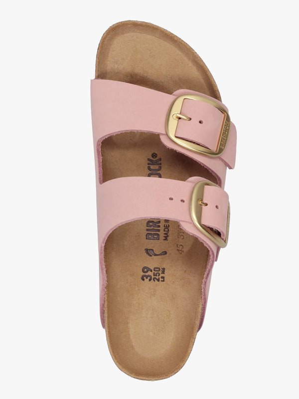 Arizona Big Buckle Soft Pink Nubuck Leather Two Bar Mules