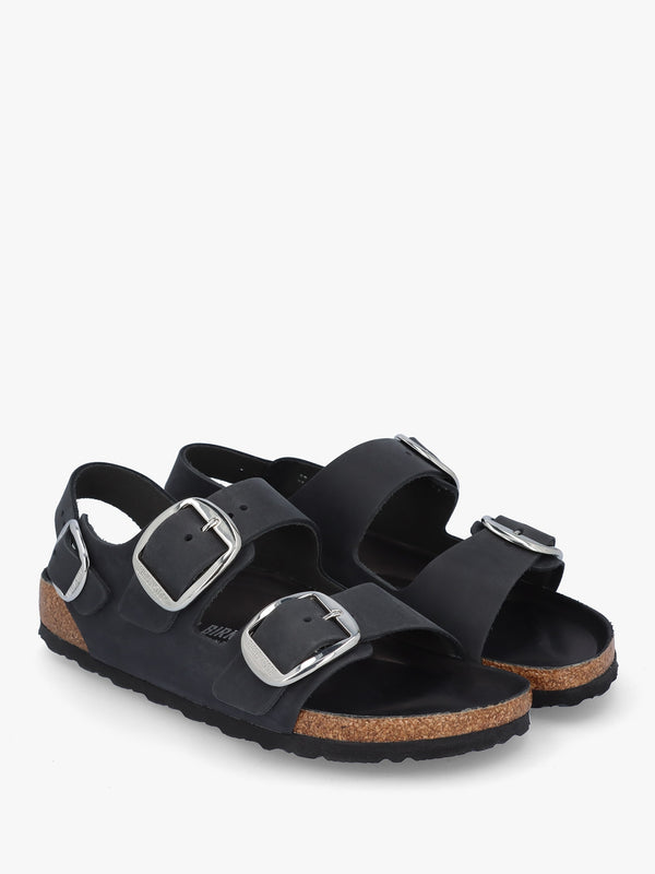 Milano Big Buckle Black Natural Oiled Leather Sandals