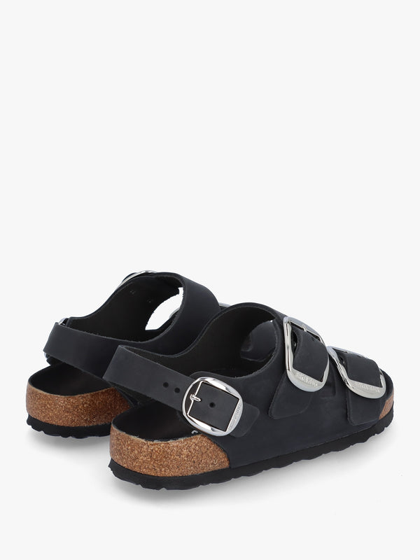 Milano Big Buckle Black Natural Oiled Leather Sandals