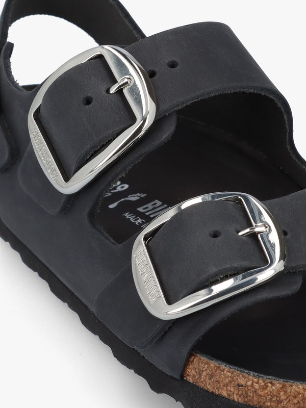 Milano Big Buckle Black Natural Oiled Leather Sandals