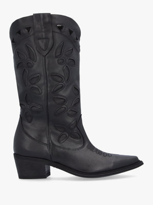 Kubra Cutout Black Leather Calf Height Cowboy Boots