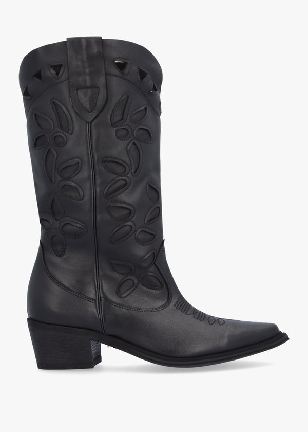 Kubra Cutout Black Leather Calf Height Cowboy Boots