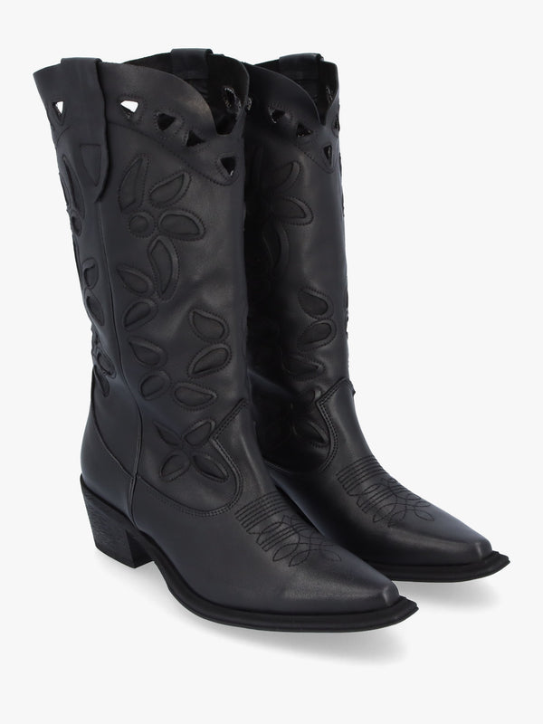 Kubra Cutout Black Leather Calf Height Cowboy Boots