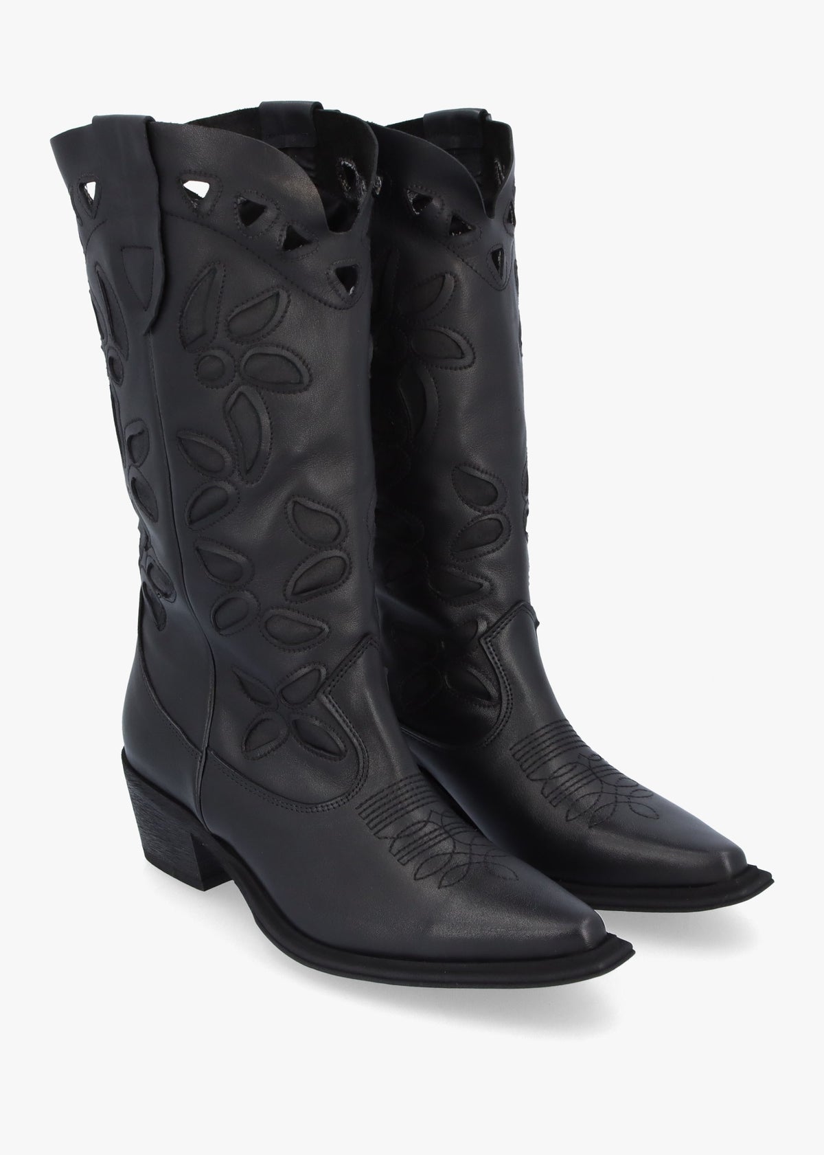 Kubra Cutout Black Leather Calf Height Cowboy Boots