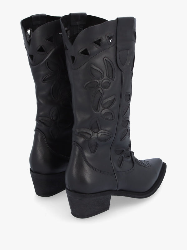 Kubra Cutout Black Leather Calf Height Cowboy Boots