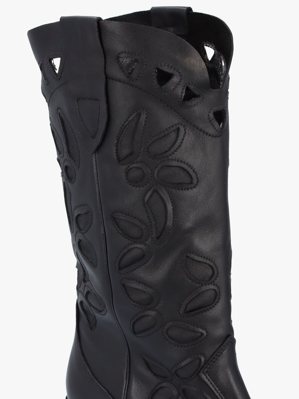 Kubra Cutout Black Leather Calf Height Cowboy Boots