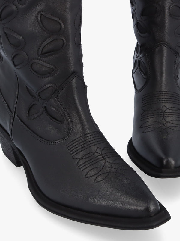 Kubra Cutout Black Leather Calf Height Cowboy Boots