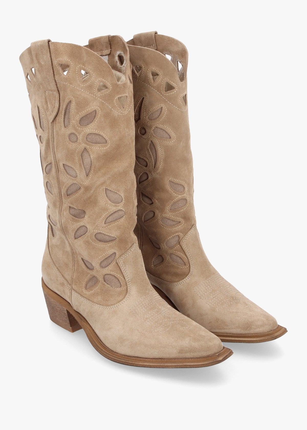 Kubra Cutout Beige Suede Calf Height Cowboy Boots