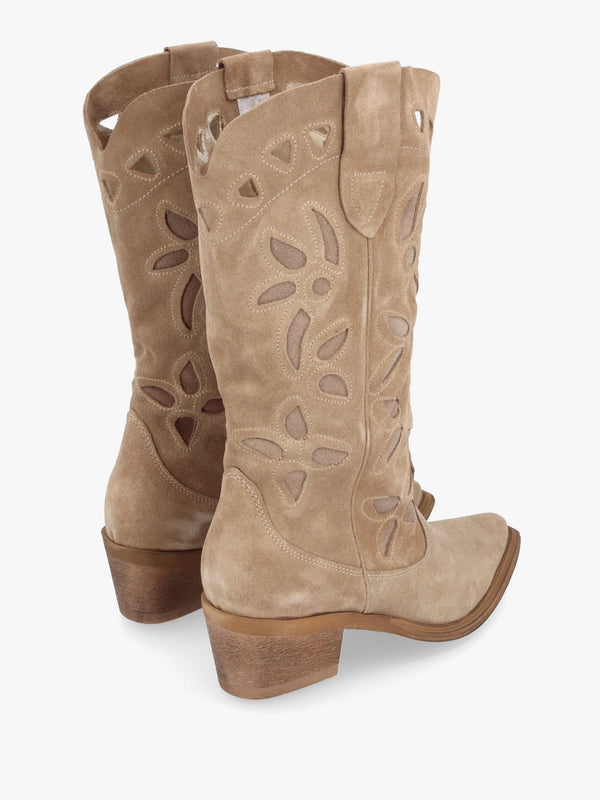 Kubra Cutout Beige Suede Calf Height Cowboy Boots