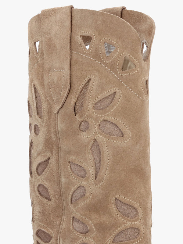 Kubra Cutout Beige Suede Calf Height Cowboy Boots