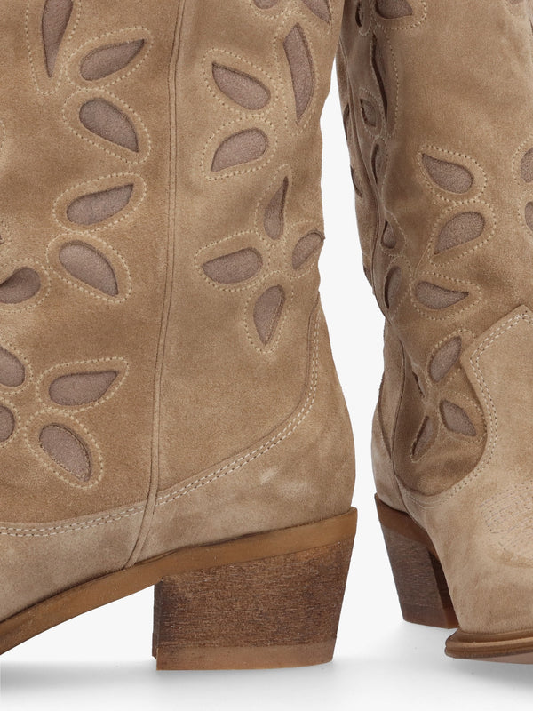 Kubra Cutout Beige Suede Calf Height Cowboy Boots