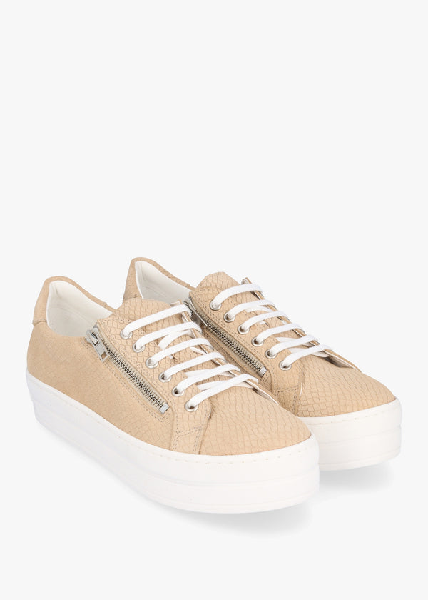 Tippie Beige Leather Reptile Double Zip Trainers