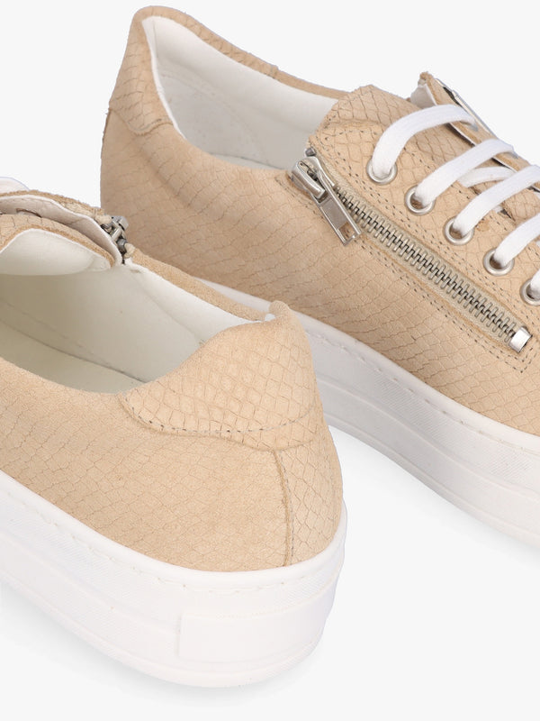 Tippie Beige Leather Reptile Double Zip Trainers