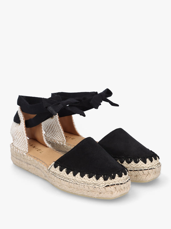 Istitch Black Suede Tie Fastening Flat Espadrilles