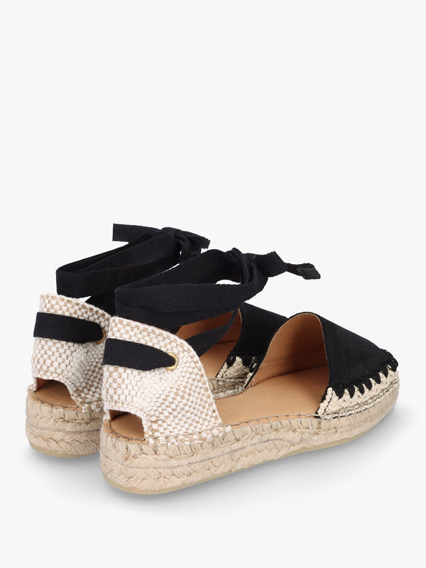 Istitch Black Suede Tie Fastening Flat Espadrilles