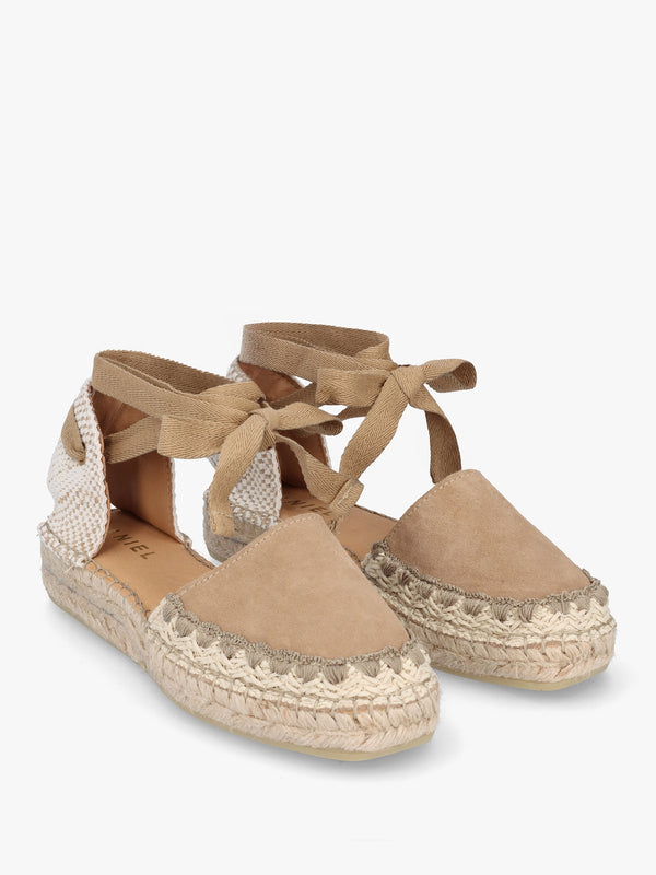 Istitch Beige Suede Tie Fastening Flat Espadrilles