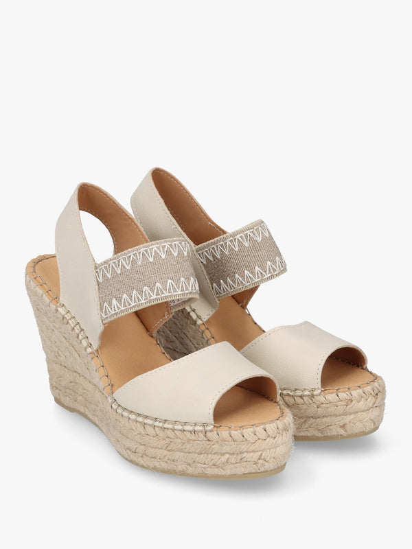 Istitch Cream Leather Wedge Espadrilles