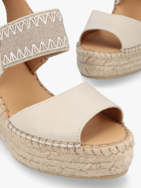 Istitch Cream Leather Wedge Espadrilles
